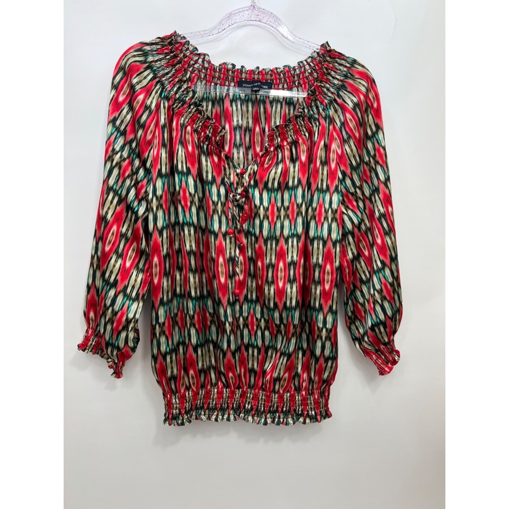 Jones New York Top Multicolor Satin Pullover Colorful Stretch Elastic Women Sz L
